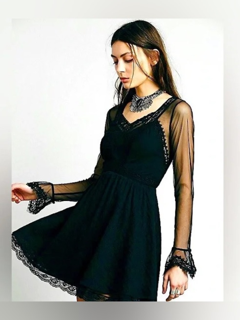 Free people Black Lace victorian mini dress with Sheer Long Sleeves size 2